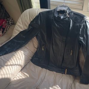 Iman BLACK LEATHER JACKET w Calf Hair on Front Side placket